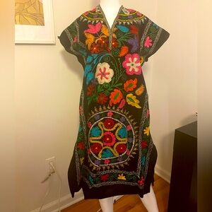 Beautiful Suzani Floral Embroidered Velvet Black Dress One Size Fits Most